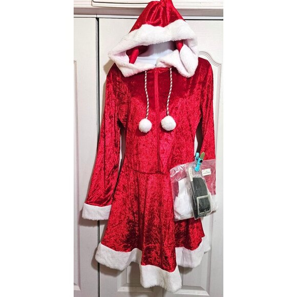 Sassy Santa Costume Sexy Mrs Claus Hooded Dress Faux Fur Boot Toppers Christmas - Picture 6 of 7